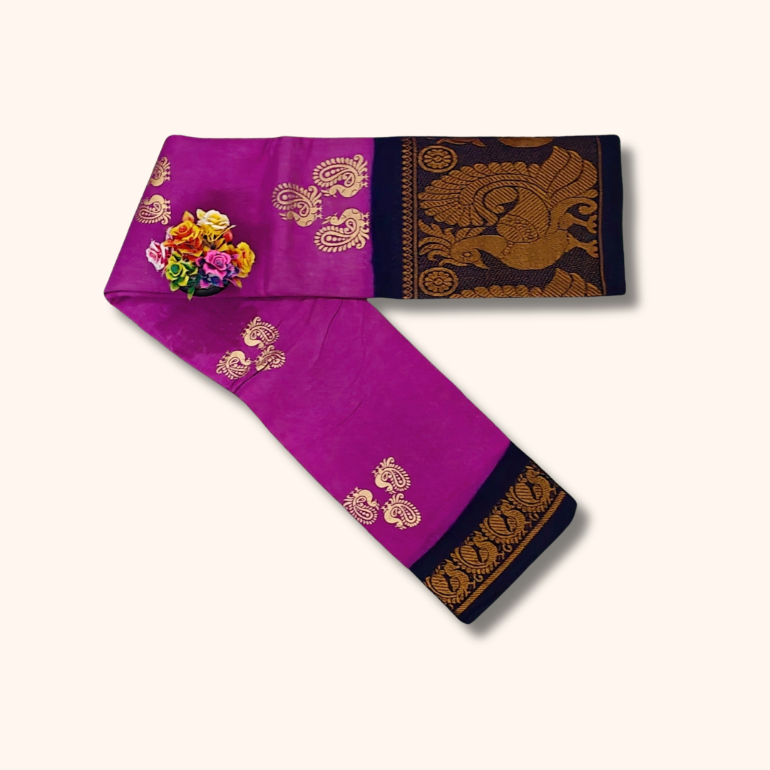 Authentic Magenta Cotton Saree with Rich Peacock Woven Border