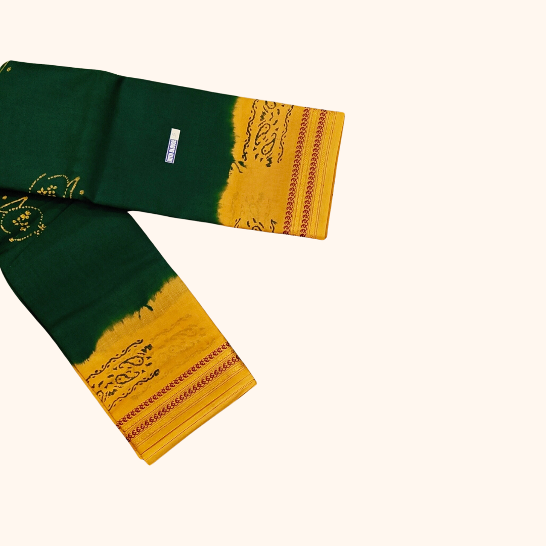 Dark Green Batik Cotton Saree with Running Blouse