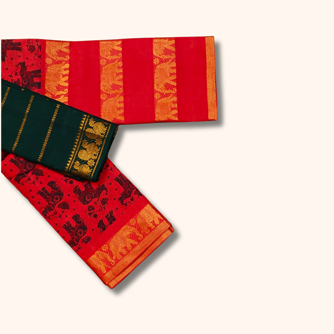 Coral Red Elephant Print Cotton Saree with Separate Blouse
