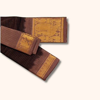 Dark Coffee Brown Sungudi Cotton Saree with Rich Gold Peacock Zari Border