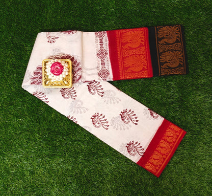Off-White Cotton Peacock Design Double Border Saree with Red & Black Contrast Border