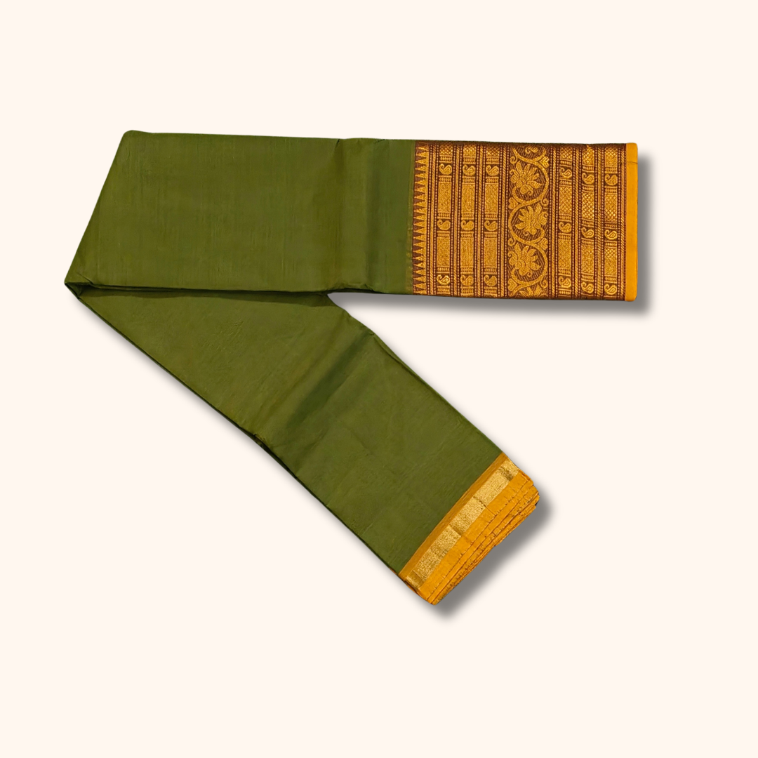 Olive Green Chettinad Cotton Saree with Rich Gold Zari Border