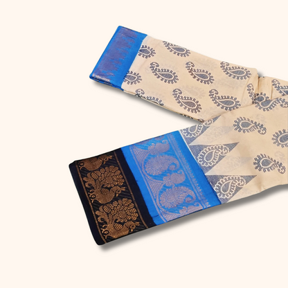 Cream Paisley Double Border Sungudi Cotton Saree – Royal Blue Peacock Border