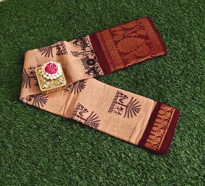 Beige Sungudi Cotton Saree with Maroon Zari Border & Traditional Prints