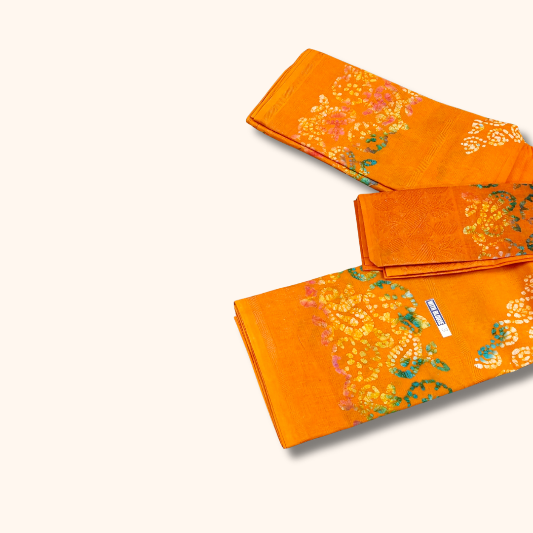 Bright Orange Sungudi Cotton Saree with Multicolor Batik Floral Design & Matching Blouse Piece