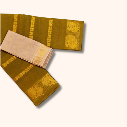 Olive Green Sungudi Cotton Saree with Peacock Zari Border