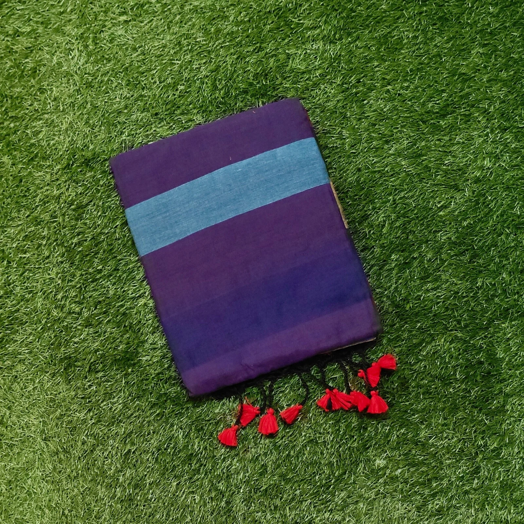 Mulmul Cotton Saree in Royal Purple with Sky Blue Border