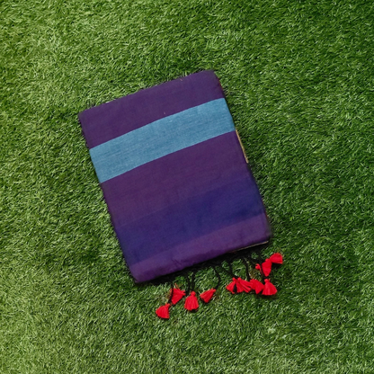 Mulmul Cotton Saree in Royal Purple with Sky Blue Border
