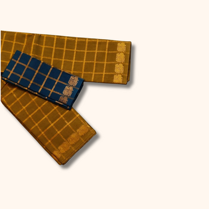 Pavithra Kattam Sungudi Cotton Saree – Mustard Gold with Gold Checks & Traditional Motif Border