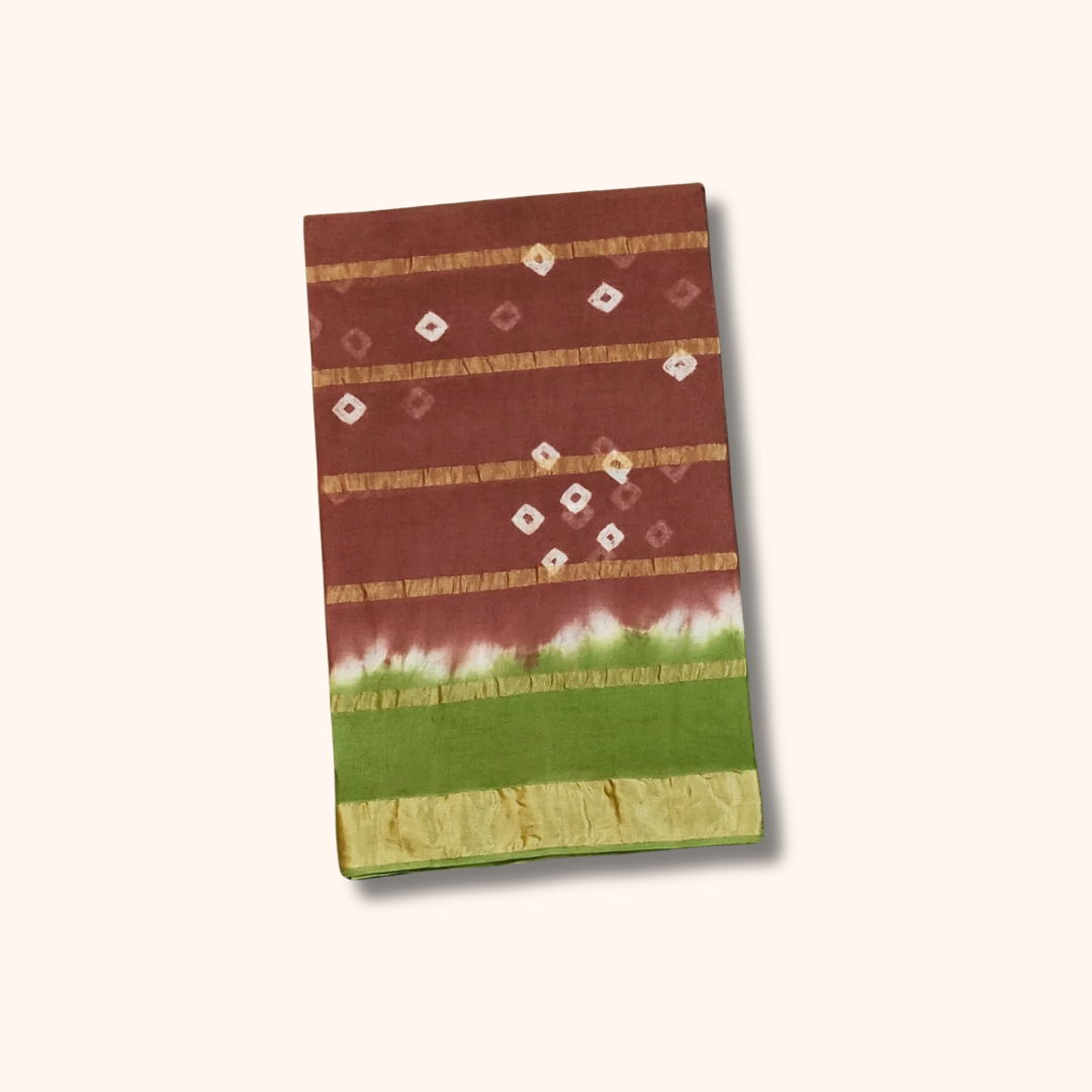 Maroon & Green Tie-Dye Cotton Saree with Gold Border – Separate Blouse