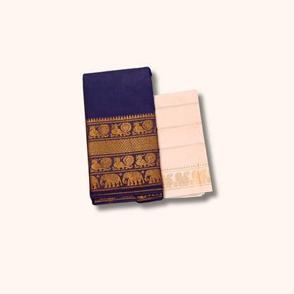Navy Blue Pure Cotton Saree with Cream Contrast Blouse