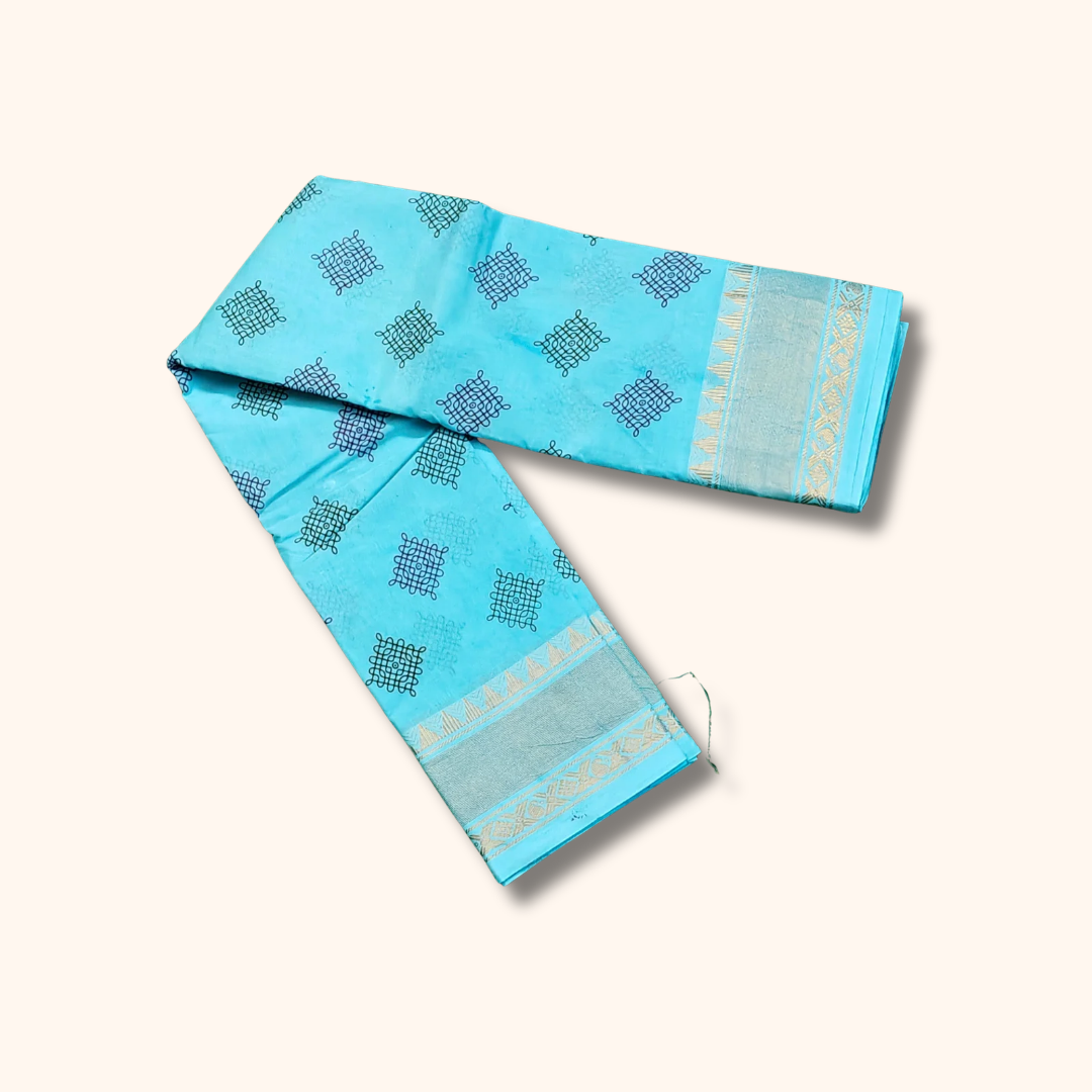 Turquoise Blue Kolam Design Sungudi Cotton Saree with Zari Border