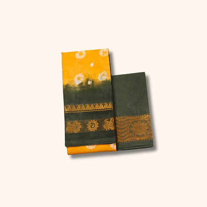Mustard Yellow & Dark Green Pure Cotton Saree with Floral Zari Border – Running Blouse