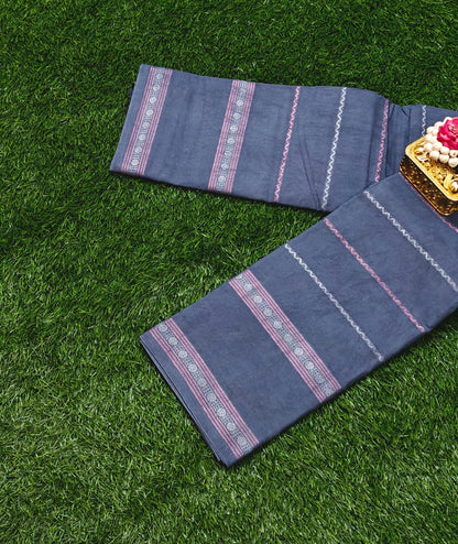Slate Grey Sungudi Cotton Saree with Zari Stripe Design