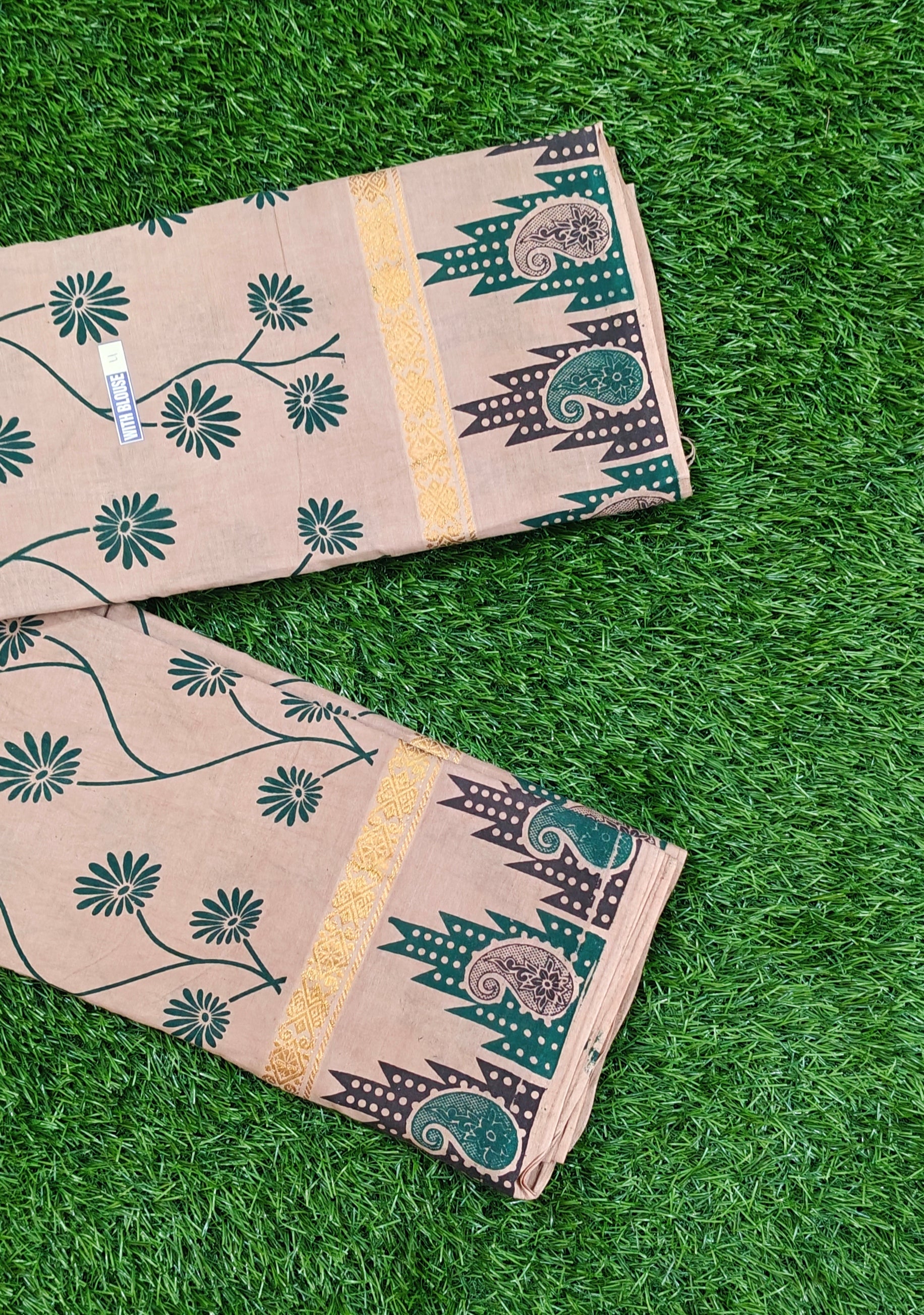 Beige Cotton Saree with Floral Vine Print & Contrast Border