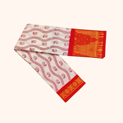 Off-White Cotton Saree with Red Paisley Print & Gold Zari Border – No Blouse