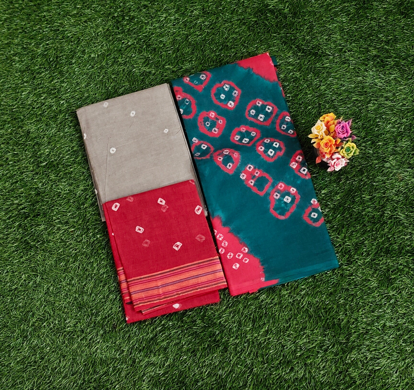 Elegant Teal Green & Grey Sungudi Cotton Chudidar Material Set with Bandhani Tie-Dye Prints