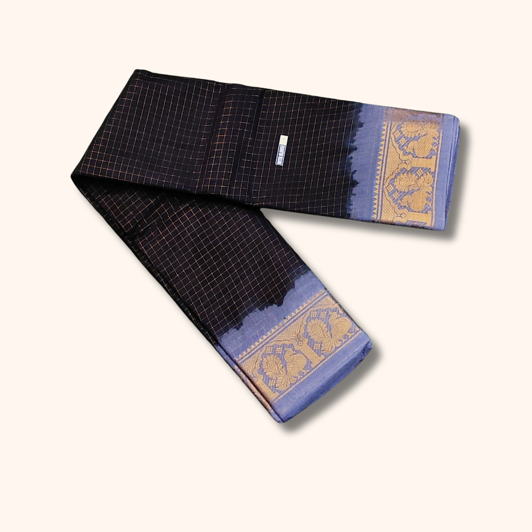 Black Sungudi Cotton Saree with Lavender Blue Peacock Border
