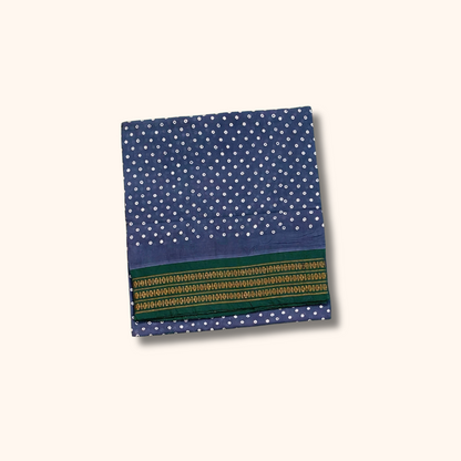 Dark Blue Sungudi Cotton Saree with White Dot Pattern & Green Zari Border – Without Blouse