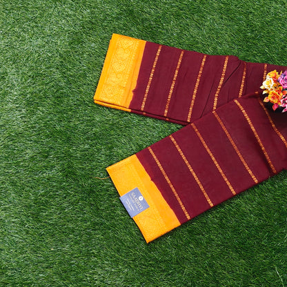 Maroon Cotton Saree with Mustard Yellow Border & Running Blouse
