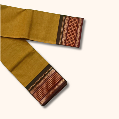Mustard Yellow Chettinad Cotton Saree with Maroon Traditional Border