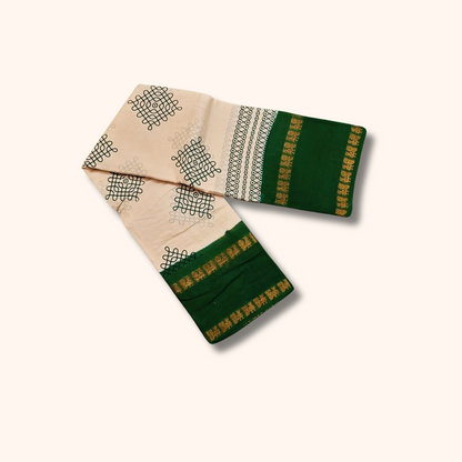 Cream Sungudi Cotton Saree with Green Border & Gold Zari