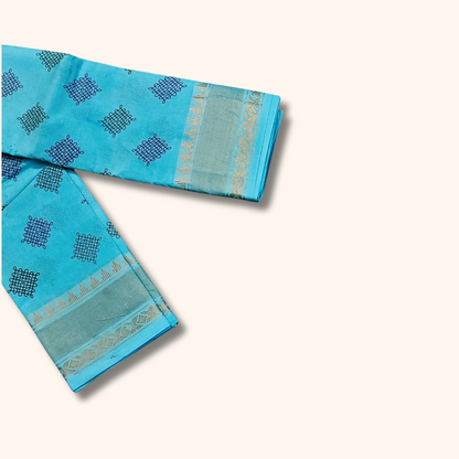 Turquoise Blue Kolam Design Sungudi Cotton Saree with Zari Border