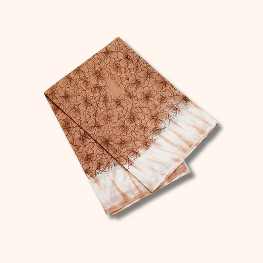 Peach Floral Printed Pure Cotton Saree with White Border