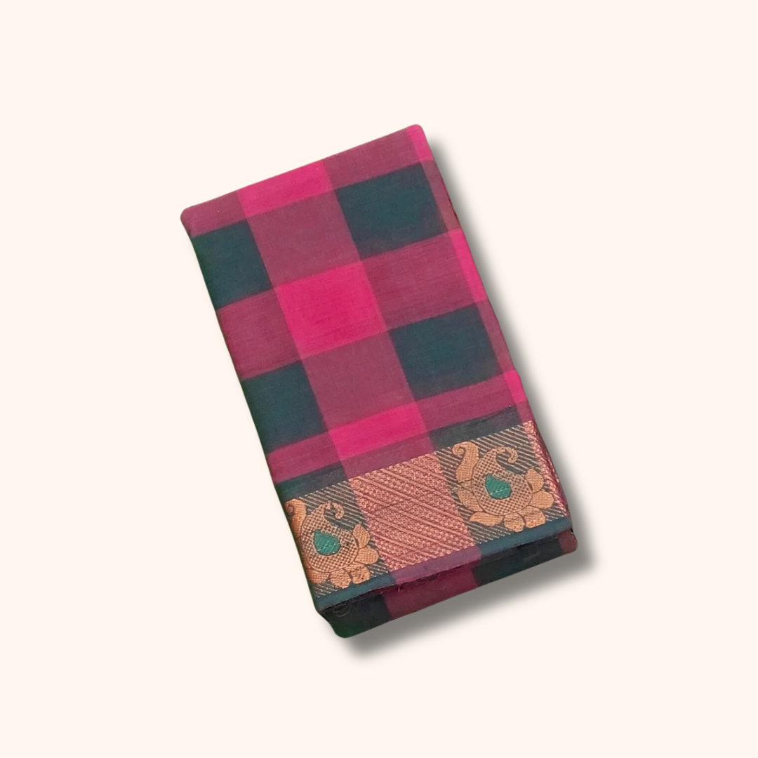 Pink & Dark Green Checked Chettinad Cotton Saree