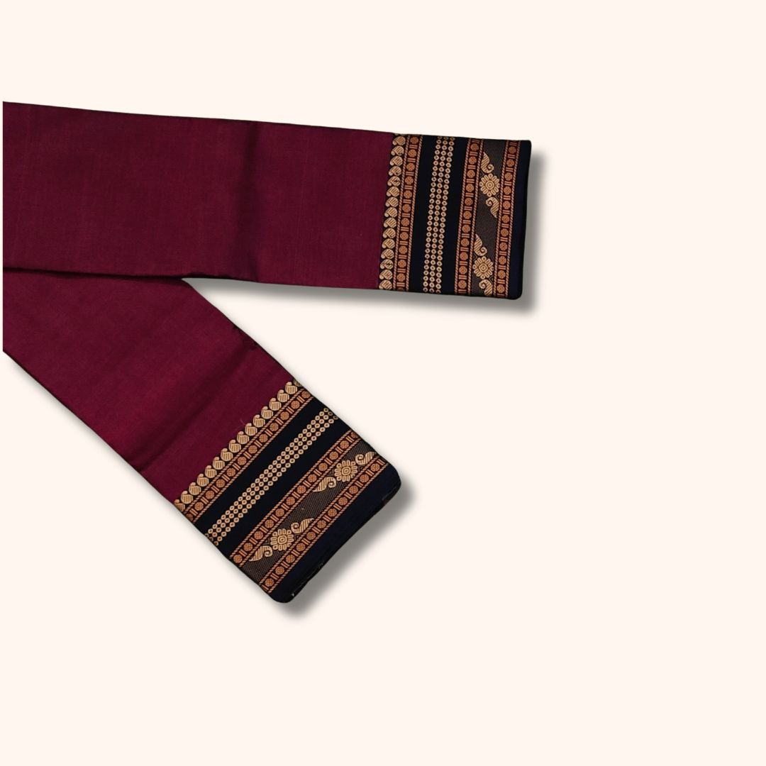 Wine Cotton Saree with Black Zari Border