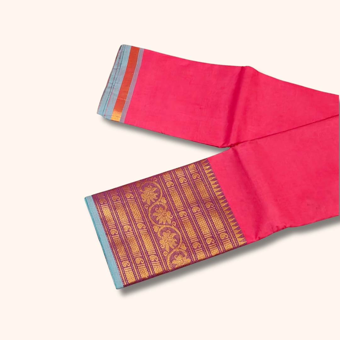 Pink Chettinad Cotton Saree with Sky Blue Big Border