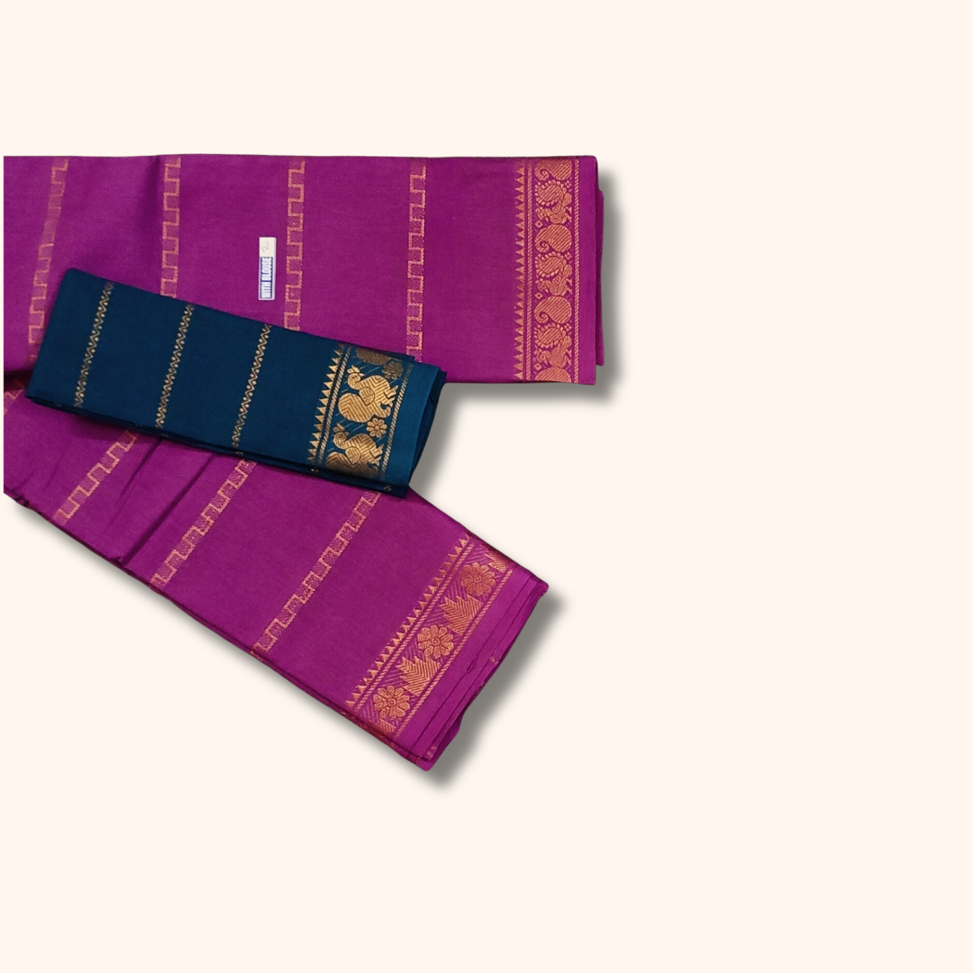 Rani Pink Cotton Saree with Navy Blue Contrast Blouse & Peacock Zari Border