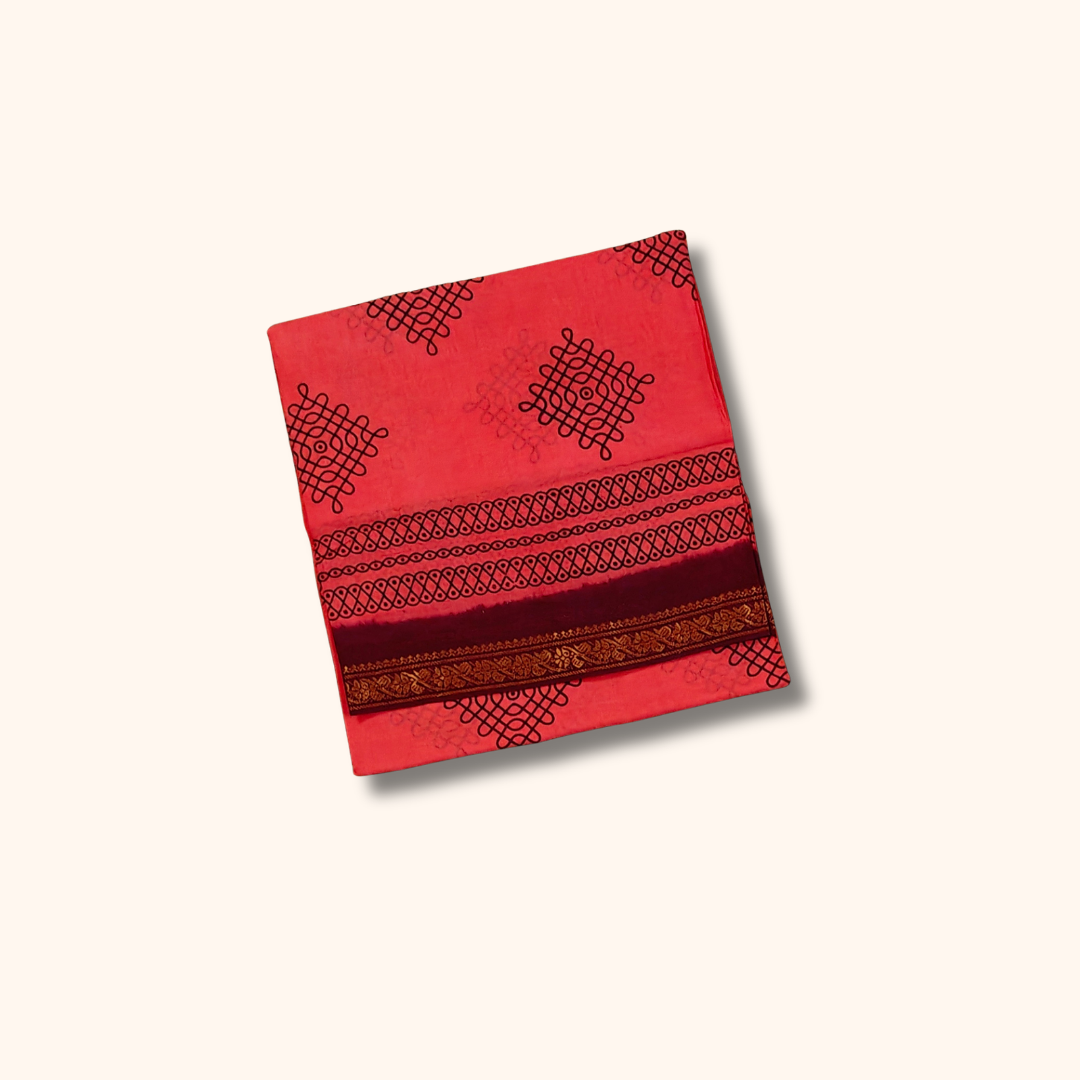 Coral Pink Kolam Cotton Saree with Maroon Border