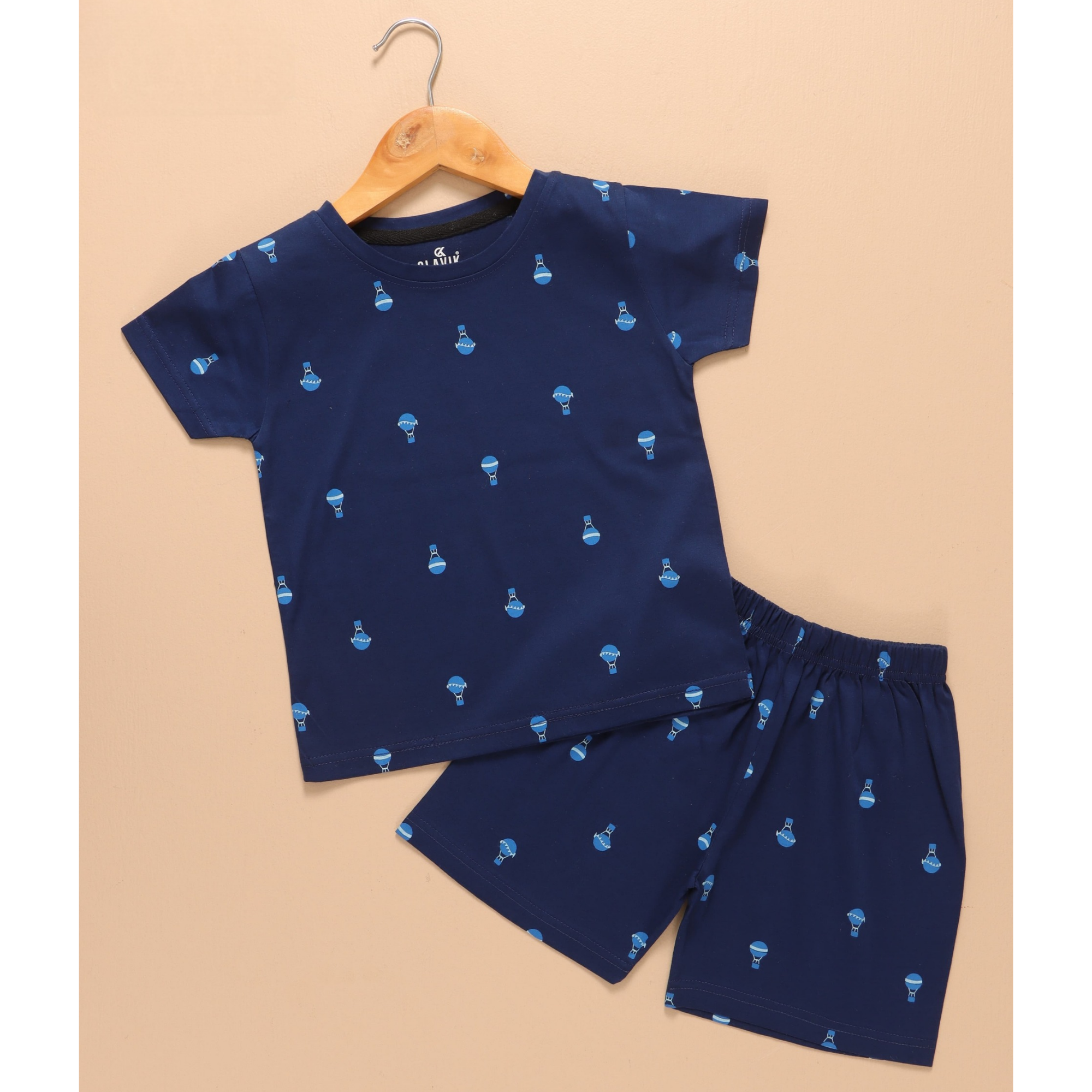 Kids Unisex Pure Cotton T-Shirt & Shorts Set – Navy Blue Balloon Print