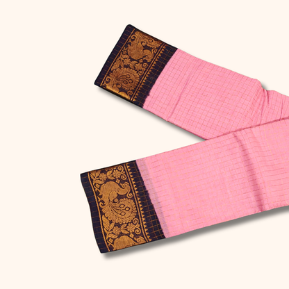 Baby Pink Thread Work Sungudi Cotton Saree with Black Peacock Zari Border