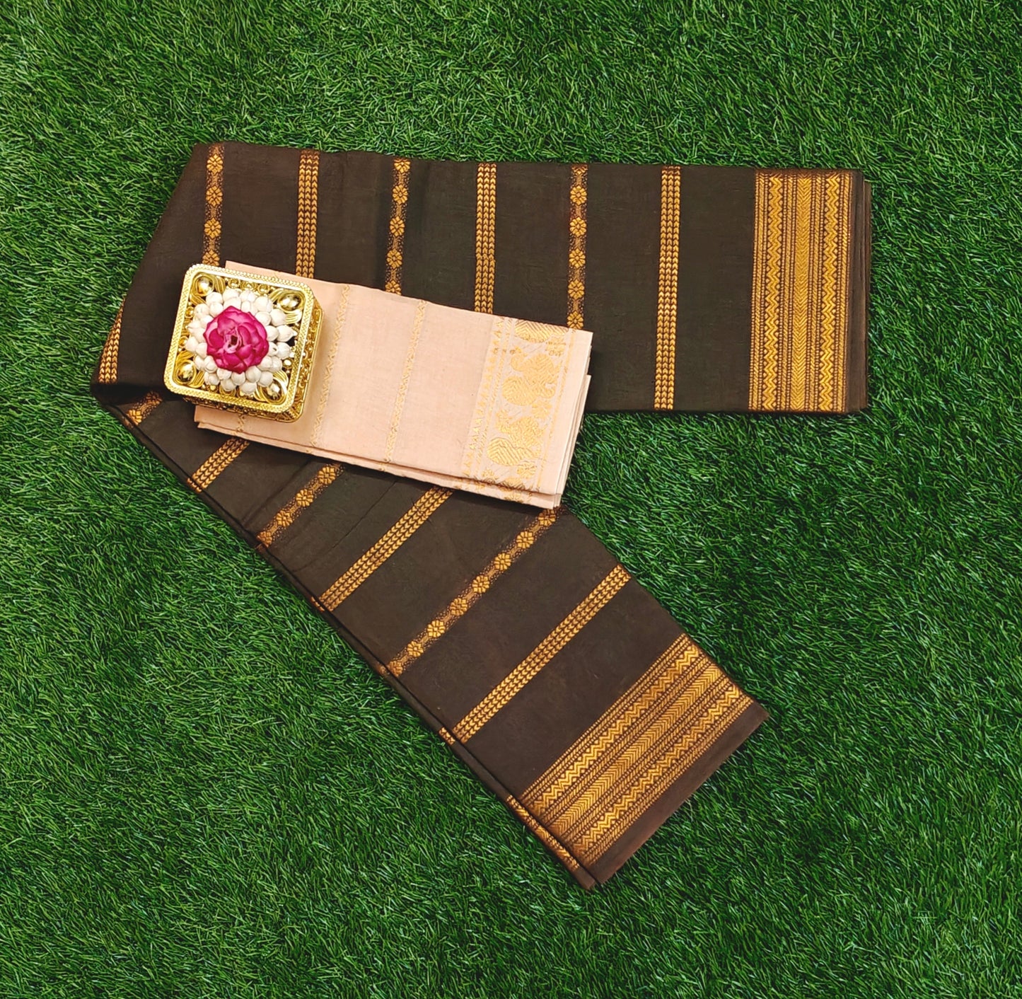 Dark Olive Green Sungudi Cotton Saree with Gold Zari Stripes & Contrast Blouse