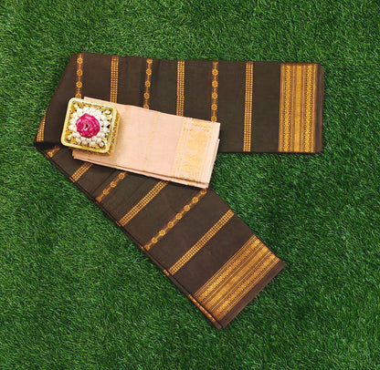 Dark Olive Green Sungudi Cotton Saree with Gold Zari Stripes & Contrast Blouse