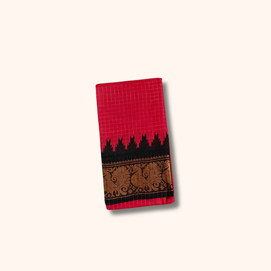 Pinkish Red Pure Cotton Sungudi Saree with Black & Gold Peacock Border