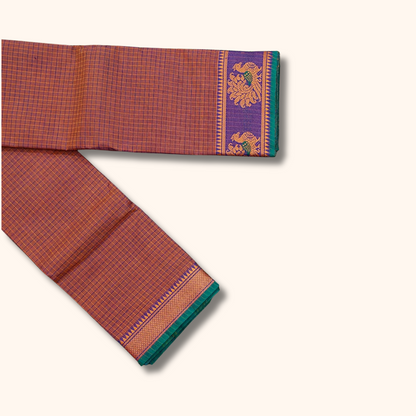 Dusty Rose Chettinad Cotton Saree with Peacock Border