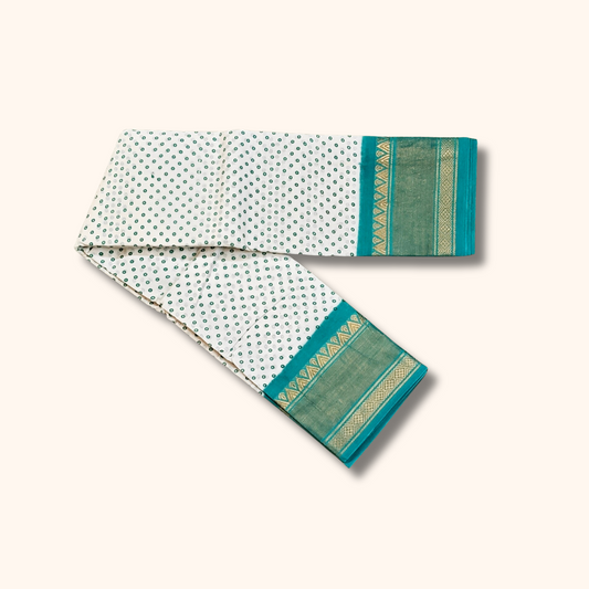 White & Teal Green Sungudi Cotton Saree with Small Dot Pattern & Zari Border