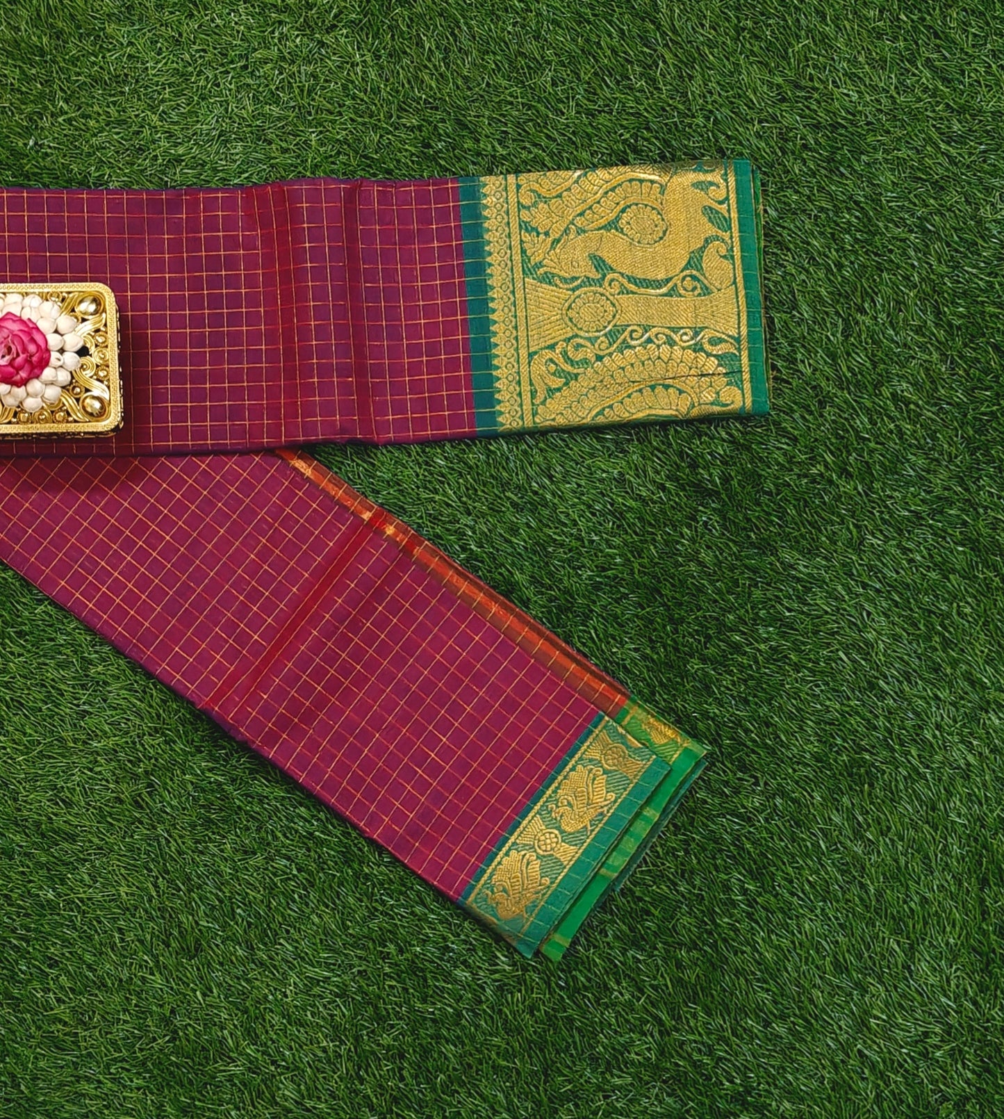 Rose Pink Chettinad Cotton Saree with Gold Zari Checks