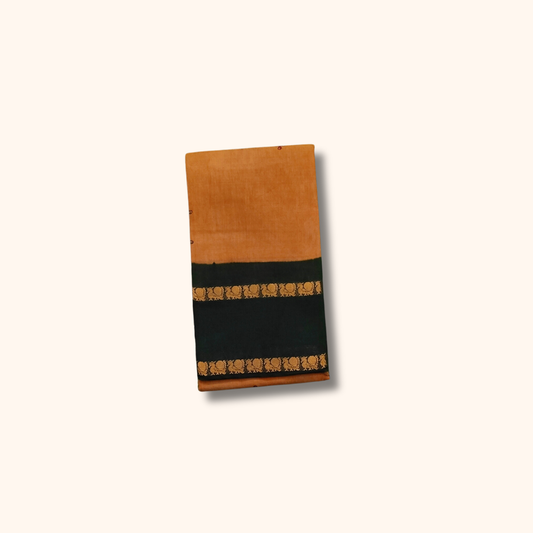 Mustard Brown Cotton Saree with Dark Green Border and Gold Motifs – Running Blouse
