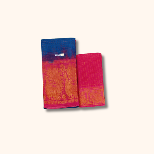 Royal Blue & Pink Checked Cotton Saree with Traditional Zari Border – Separate Blouse Piece