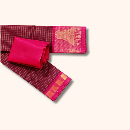 Wine Maroon Chettinad Cotton Saree with Pink Temple Border & Gold Zari – Separate Blouse Piece