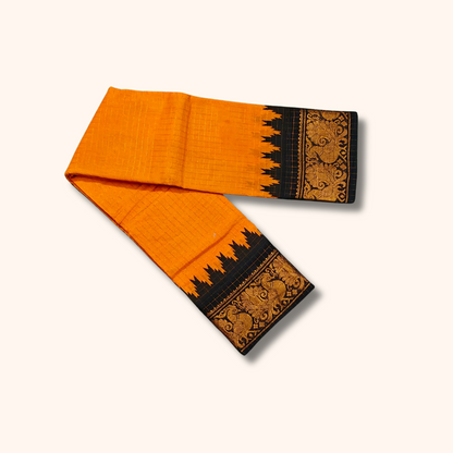 Checked Sungudi Cotton Saree – Mustard Yellow with Black Peacock Zari Border | Running Blouse