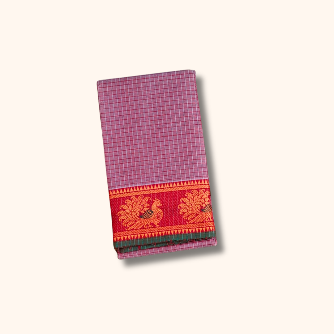 Classic Lavender Checked Chettinad Cotton Saree