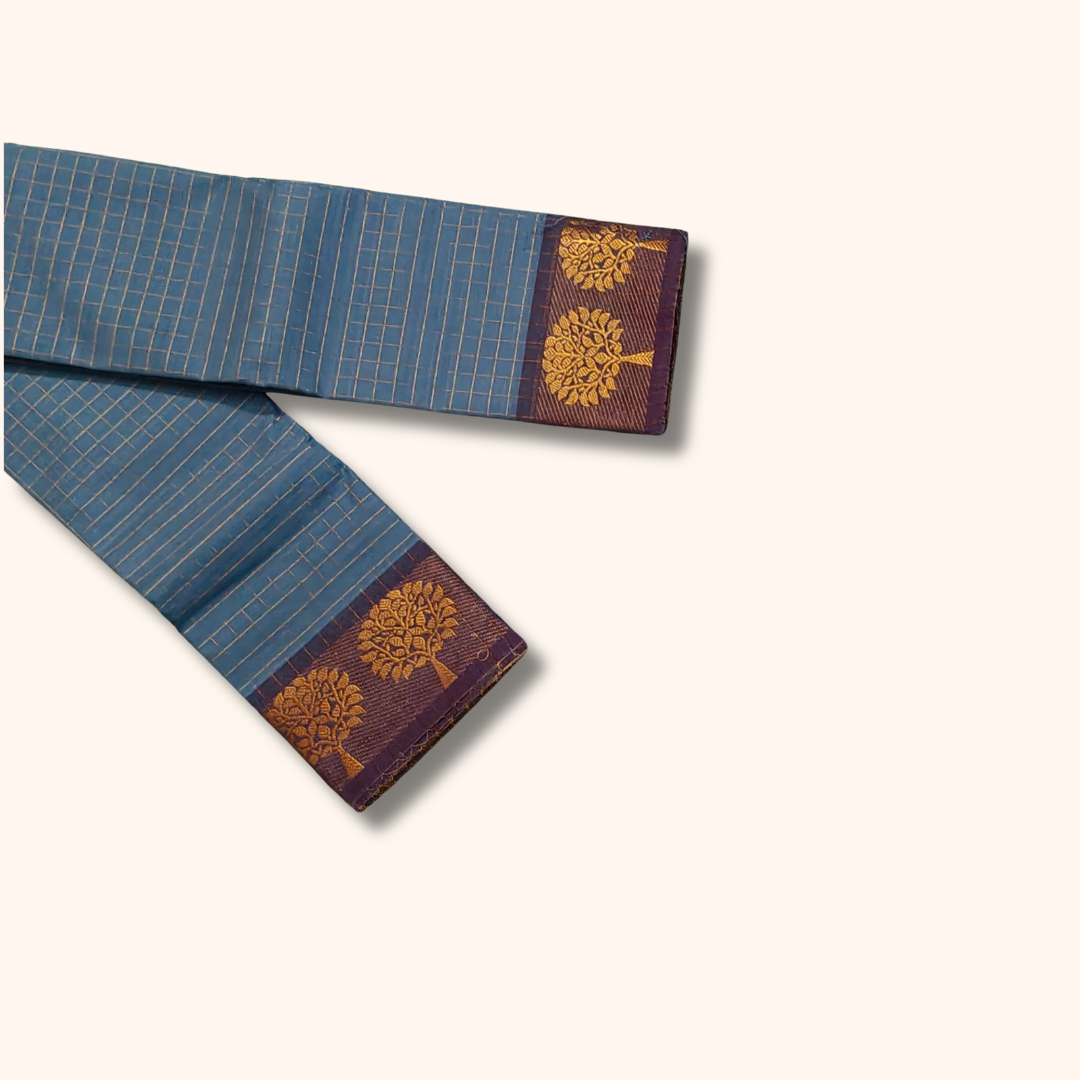 Steel Blue Chettinad Cotton Saree with Maroon Tree Motif Zari Border Without Blouse