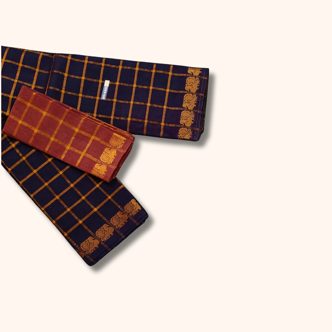 Pavithra Kattam Sungudi Cotton Saree – Navy Blue with Gold Checks & Traditional Motif Border