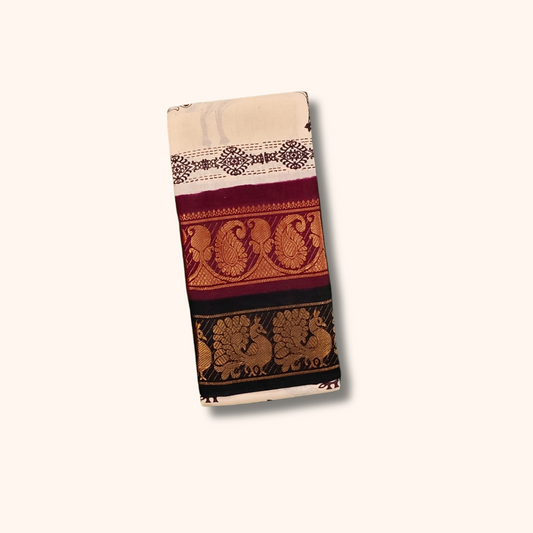 Cream Printed Sungudi Cotton Saree with Maroon & Black Peacock Zari Border
