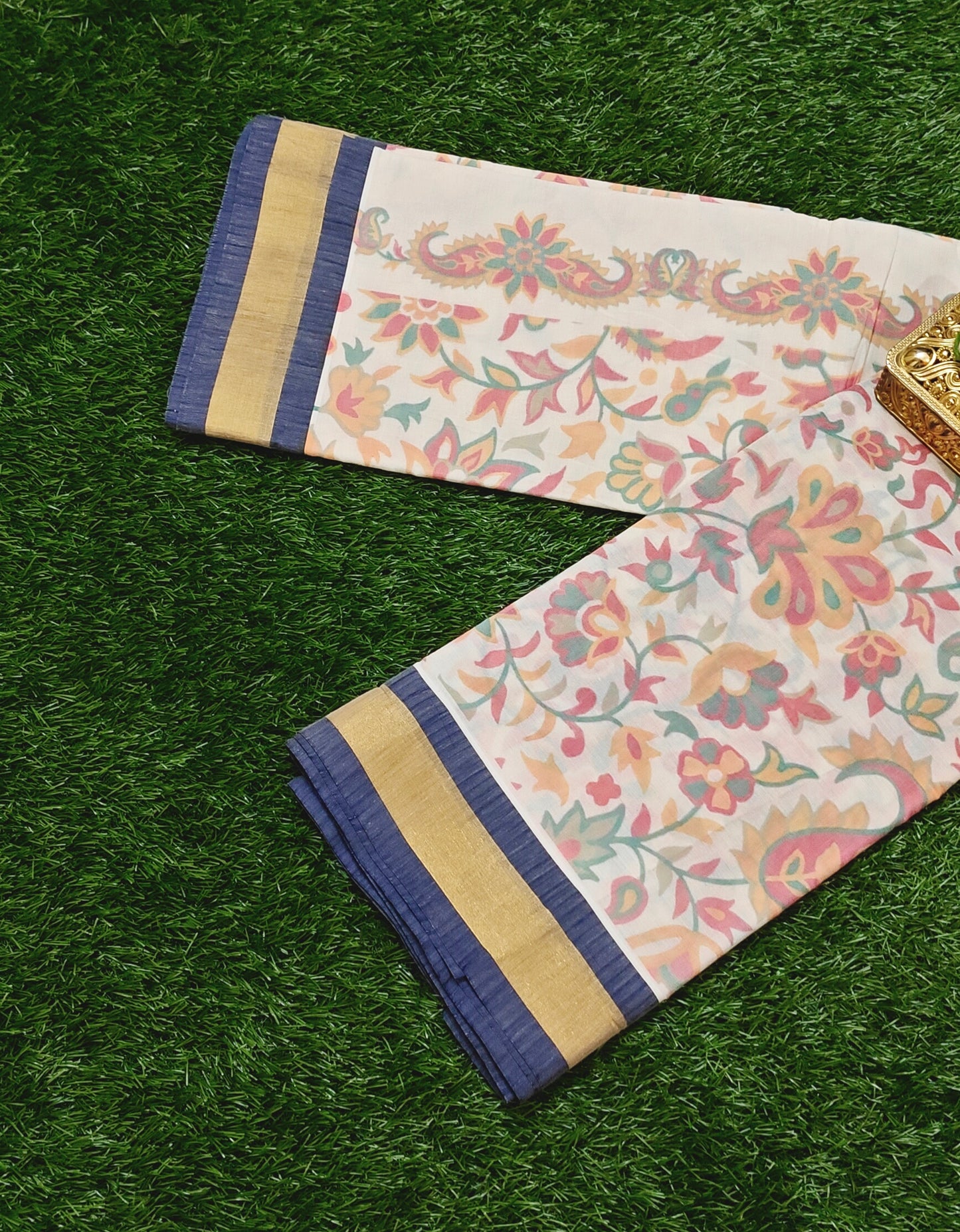 Cream Cotton Floral Printed Saree with Navy Blue & Gold Border